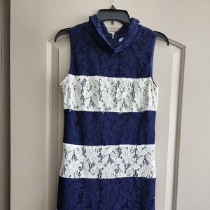 Size 4 Antonio Melani Navy Blue and off- white striped, lace dress